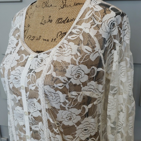 Wallflower top blouse cream white lace sheer long sleeve round neck Size Large - Picture 3 of 5